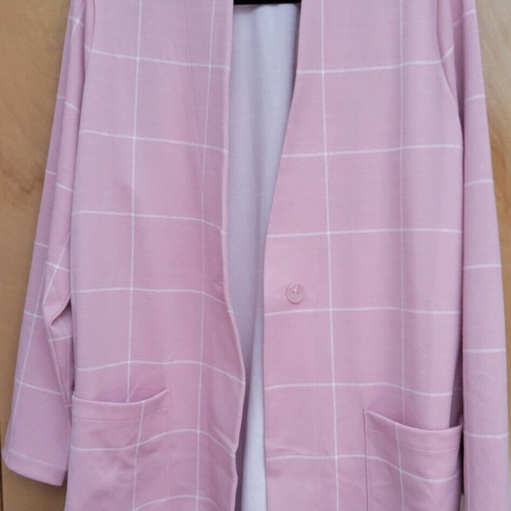 Isaac Mizrahi LIVE! Large Pink Windopane Knit menswear inspired long line jacket - Picture 8 of 9